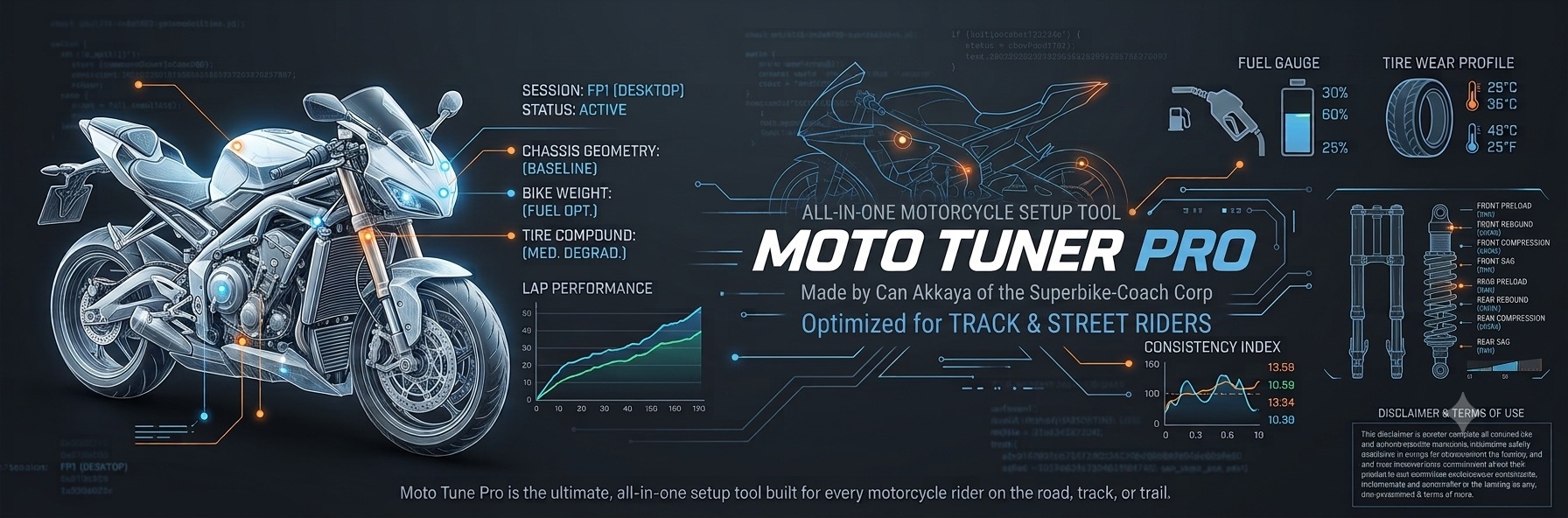 Moto Tuner Pro — all-in-one motorcycle setup tool, made by Can Akkaya of the Superbike-Coach Corp, optimized for track and street riders